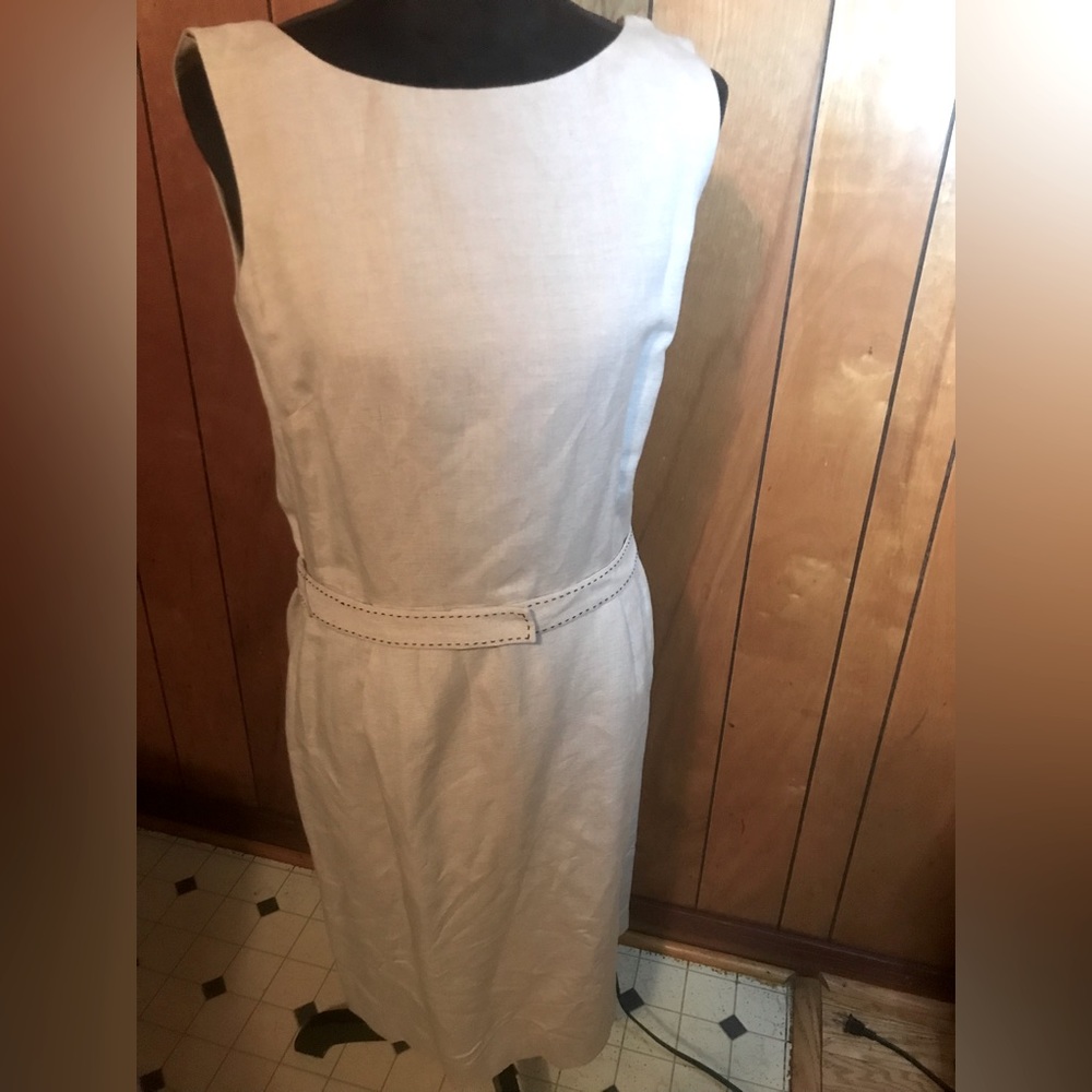 Cynthia  Howie,linen dress  with belt , size 6. Khaki  with brown stitching.
